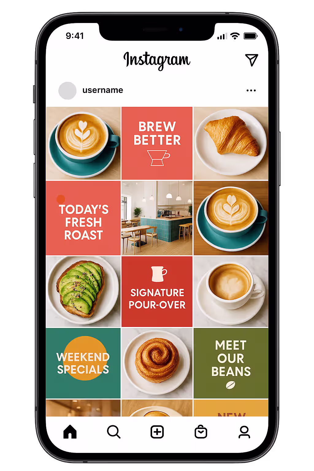 After feed: vibrant, cohesive café brand content with consistent color grading