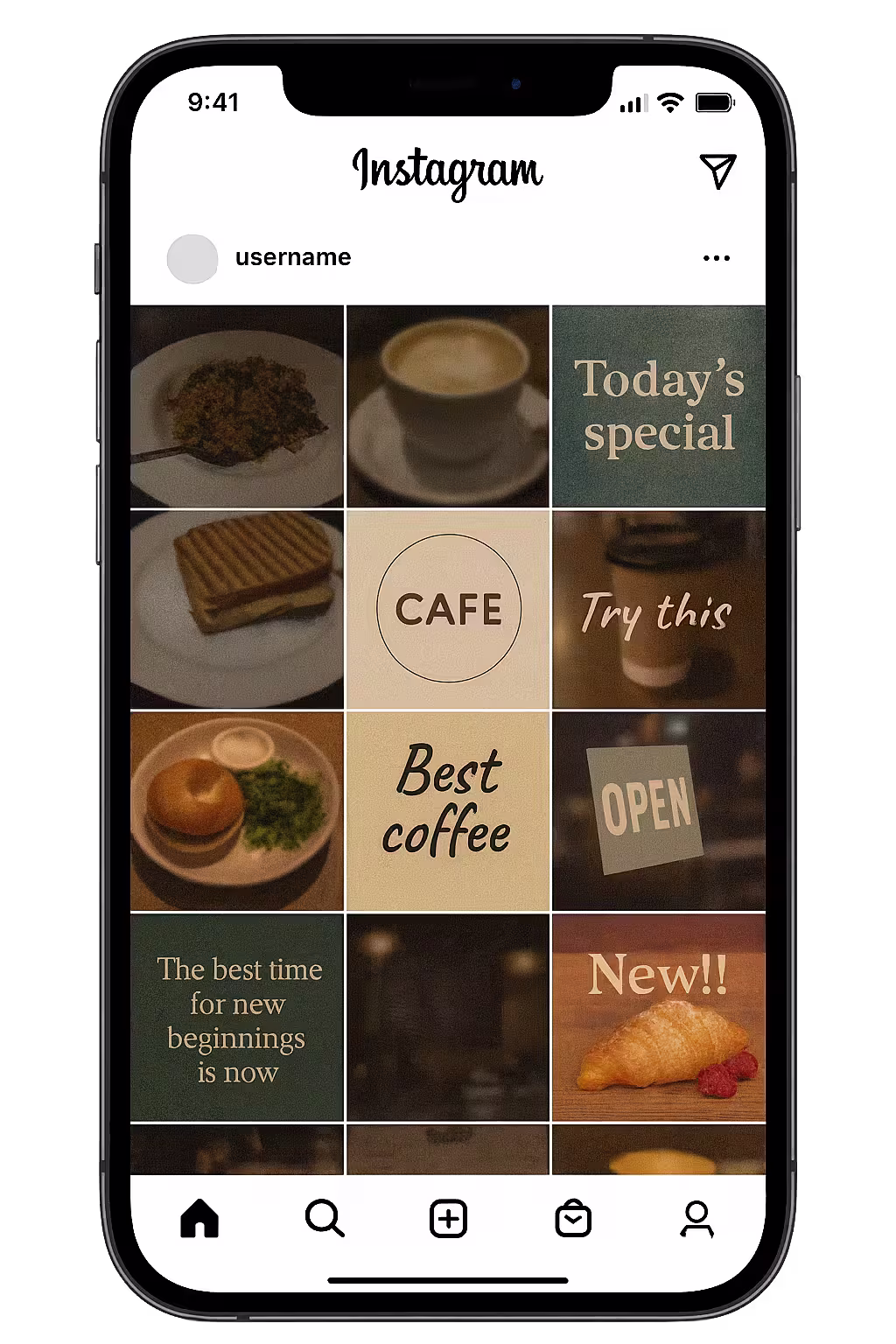 Before feed: inconsistent café posts, mixed lighting, unstructured layout