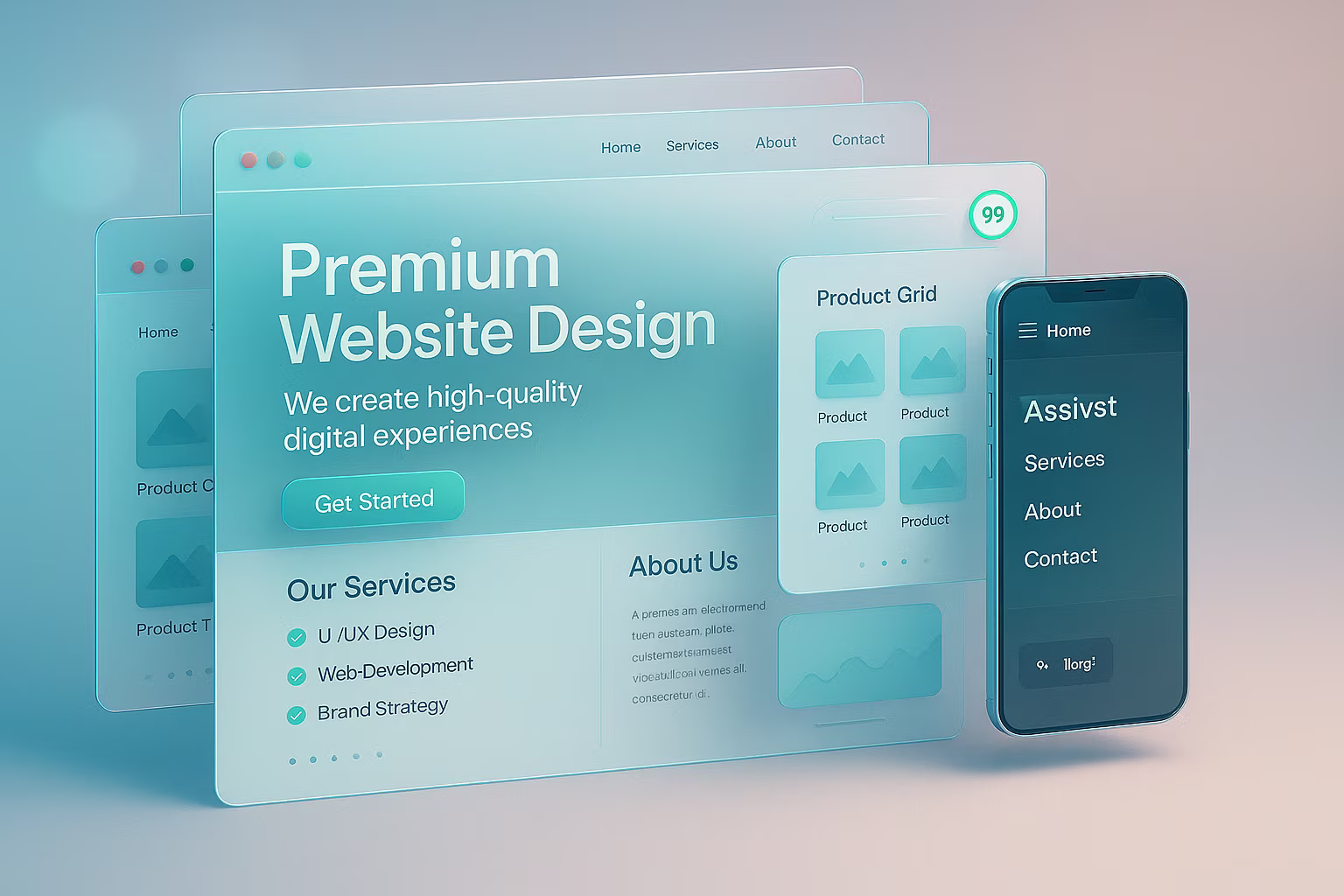 Multi-device website UI mockup displayed on a refined soft-pastel studio backdrop